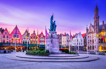 Fototapete - Bruges, Belgium. Grote Markt beautiful square of flemish Brugge, Flanders.