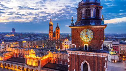 Fototapete - Krakow, Poland - Aerial Ryenek Square with the Cathedral and Town Hall Tower