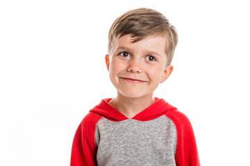 cute five year old boy studio portrait on white background