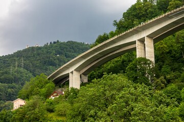 Landscape of The Viaduc de Chillon under a cloudy sky and sunlight in Veytaux, Switzerland