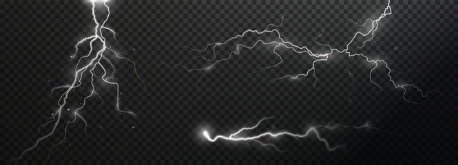 Poster - Light white isolated vector lightning png. Magic light abstract lines. Realistic natural lightning effects.