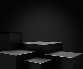 Elegant black cube stand for product placement mockup. Dark podium exhibition scene background. Minimal box platform showroom with spot light.