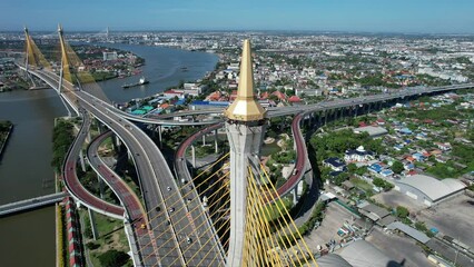 Canvas Print - Drone footage of the cityscape of Bangkok with the Bhumibol Bridge, Thailand