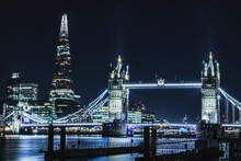 Beautiful Shot Of The Lights In Tower Bridge And The Shard At Night In London,England,United Kingdom