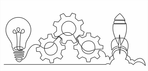 Poster - continuous line drawing of gears, lights idea and Rocket launch, ship.Continuous line drawing. Startup business. Vector illustration. Isolated on white background.