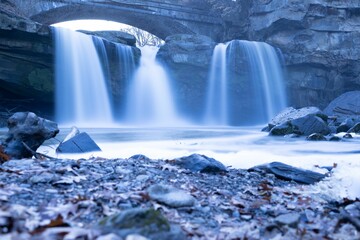 Canvas Print - View of the beautiful waterfall under the stone bridge. Long exposure.