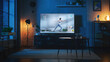 © Gorodenkoff - Stylish Loft Apartment Interior with Online Fitness Application Playing on Smart TV Set. Empty Living Room at Home With Professional Fitness Instructor Showing Moves On Flat Screen TV. Night Shot.