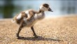 Adorable baby goose walking on the lakeshore