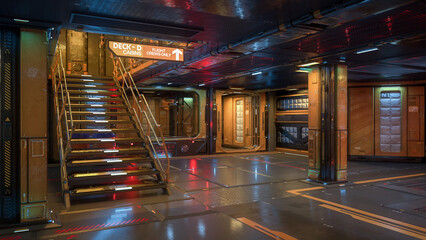 Poster - Interior deck area of futuristic sci-fi space station or ship with illuminated stairs leading to upper deck. 3D illustration.