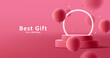 © YarM - Product podium with neon lighting circle with balloons bouncing, red romanic color. Vector illustration