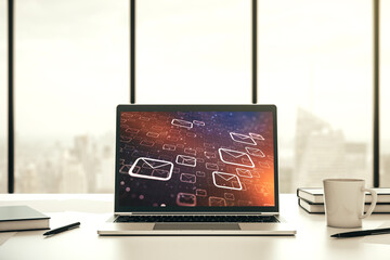 Poster - Modern computer monitor with postal envelopes hologram. Electronic mail and spam concept. 3D Rendering