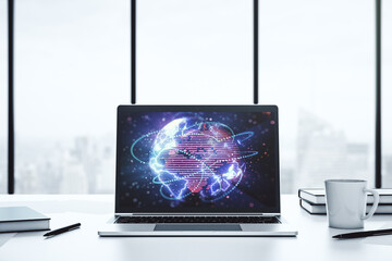 Leinwandbilder - Abstract digital world map with connections on modern computer monitor, big data and blockchain concept. 3D Rendering