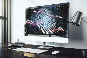Leinwandbilder - Abstract creative fingerprint hologram on modern computer monitor, protection of personal information concept. 3D Rendering