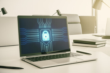 Poster - Creative lock sketch with chip hologram on modern computer monitor, protection of personal data concept. 3D Rendering