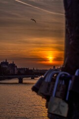 Wall Mural - Beautiful view of the love locks hanging from a bridge  with sunset over the river in the background