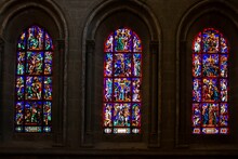 Painted Stained Glasses Windows Inside The Lausanne Cathedral, Switzerland