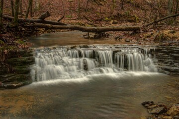 Poster - Autumn colors and fallen trees surrounding the beautiful Tanyard Creek Waterfall in Bella Vista,USA