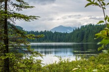 Beautiful View Of A Calm Lake Surrounded By Evergreen Trees Under A Cloudy Sky