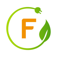 Letter F Green Energy Electrical Plug Logo Template. Electrical Plug Sign Concept with Eco Green Leaf Vector Sign