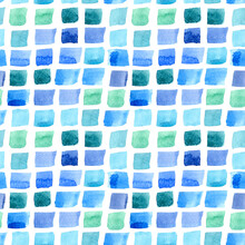 Watercolor Seamless Pattern With Blue Green Squares On White Background. For Fabric, Sketchbook, Wallpaper, Wrapping Paper.