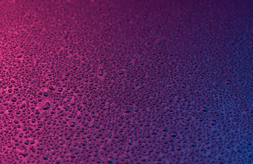 Wall Mural - Background of natural water condensation,Water and rain drops on the glass, abstract view, Drops of rain on blue and red glass background