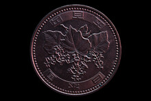 Closeup Shot Of 500 Yen Coin Isolated On Black Background
