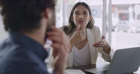 Poster - Young female entrepreneur discussing her plan for startup business with an investor. Manager having a meeting with partner or employee, talking about marketing strategies and projects to grow company