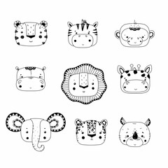 Wall Mural - Set of black and white animal heads, vector illustration