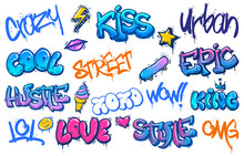 Street Art Lettering. Crazy Urban Graffiti, Streets Culture Spray Inscription And Cool Teenage Wall Scribble Vector Set