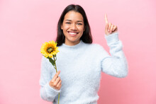 Young Colombian Woman Holding Sunflower Isolated On Pink Background Pointing Up A Great Idea