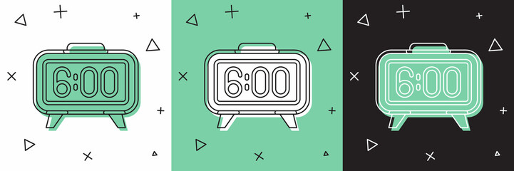 Poster - Set Digital alarm clock icon isolated on white and green, black background. Electronic watch alarm clock. Time icon. Vector