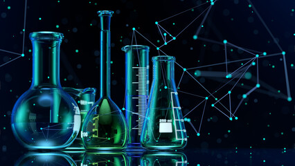 Poster - Glass chemistry lab equipment on black background. Chemistry Lab concept. 3d 