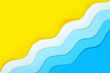 Leinwandbild Motiv Seashore diagonal background made of color paper. Yellow beach sand with copy space and paper cut blue waves. Summer sea holidays concept. Relaxation and fun on vacations. The ocean coast layout.