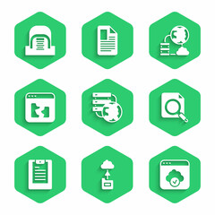 Poster - Set Network cloud connection, Cloud technology data transfer, Search concept with folder, Server, Data report, Broken file, and Hangar servers icon. Vector