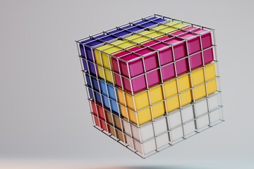 Poster - multi-colored cube in an iron cage on a gray background. 3d illustration. 3d render.