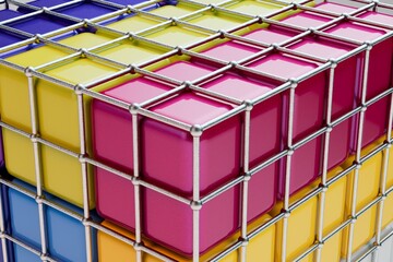 Poster - multi-colored cube in an iron cage. 3d illustration. 3d render.