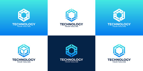 set of creative technology hexagon shape logo design.