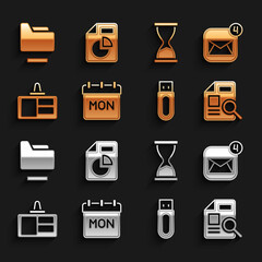 Poster - Set Calendar, Envelope, Document with graph chart, USB flash drive, Identification badge, Old hourglass, folder and icon. Vector