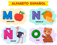 Spanish Alphabet. Vector Illustration. Written In Spanish Apple, Orange, Bear, Ostrich