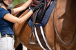 An equestrian makes adjustments to her saddle tack