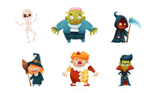 Set Of Funny Halloween Characters. Skeleton, Frankenstein, Witch, Clown, Vampire Vector Illustration
