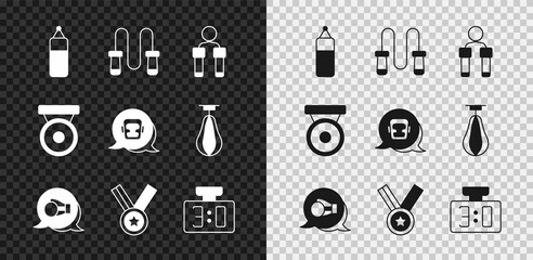 Wall Mural - Set Punching bag, Jump rope, Boxing glove, Medal, Sport mechanical scoreboard, gong and helmet icon. Vector