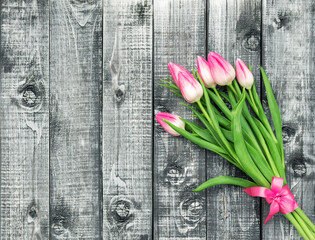 Sticker - Pink tulip flowers Spring bouquet decoration rustic wooden background