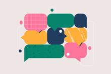 Speech Bubbles, Communication Concept. Colorful Geometric Shapes. Conversation, Rhetoric, Discussion Symbols. Art Of Oratory, Public Speaking. Isolated Abstract Flat Vector Illustration