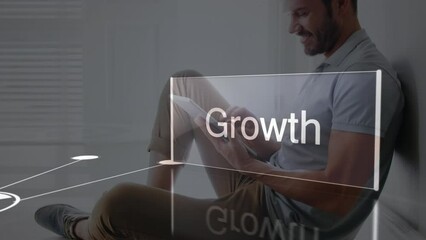 Poster - Animation of connections with business texts over happy caucasian man using smartphone
