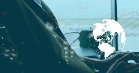 Poster - Animation of world map and globe over caucasian businesswoman with computer