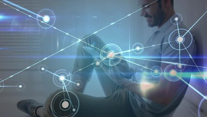 Poster - Animation of connections over happy caucasian man using smartphone