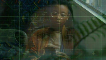 Poster - Animation of data processing on digital screen over african american woman using smartphone in bus