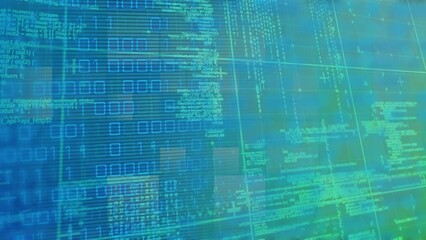 animation of binary code over blue and green digital screen
