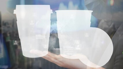 Poster - Animation of digital screen with white cups over hands of caucasian woman in face mask